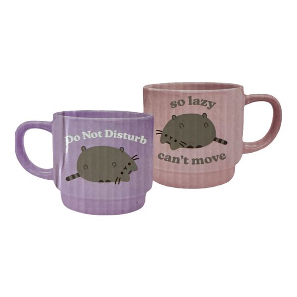 Pusheen The Cat Set of Stackable Ceramic Mugs with Coasters Gift Set Pink Green - Picture 1 of 5